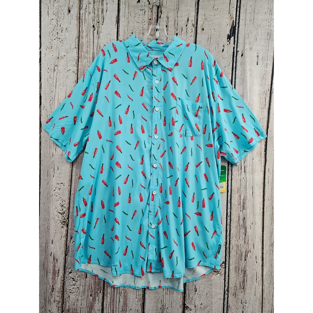 Tipsy Elves Hot Sauce Summer Hawaiian Shirt Mens XXL Blue Chili Pepper Stretch